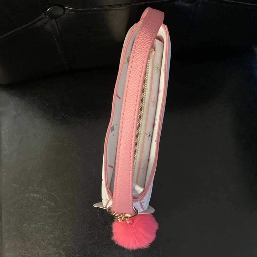 White Kids Shoulder Bag with Pink Trim and Pom Pom